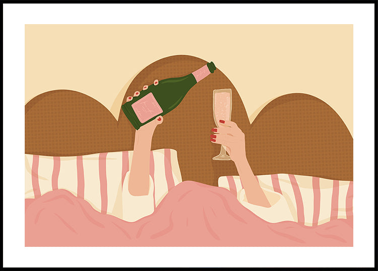 Champagne In Bed Illustration Poster