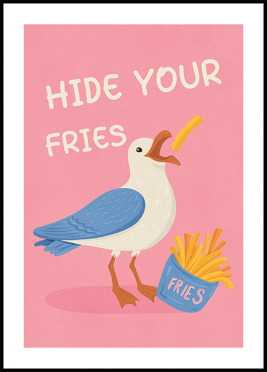Seagull with French Fries Humorous Illustration Poster