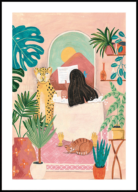 Woman taking bath in pink tropical bathroom Poster