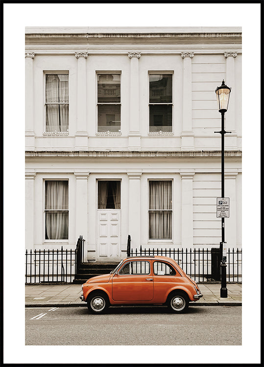 Charming Urban Scene with Orange Car Poster - Posterbox.dk
