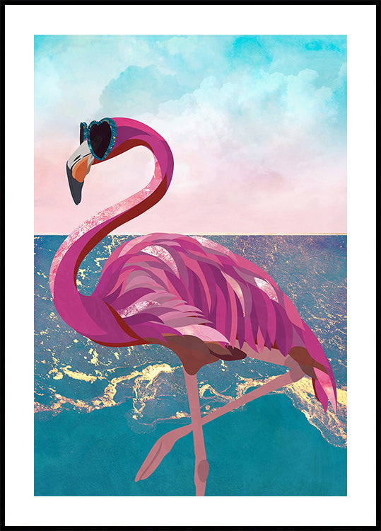 Flamingo goes to the beach Poster