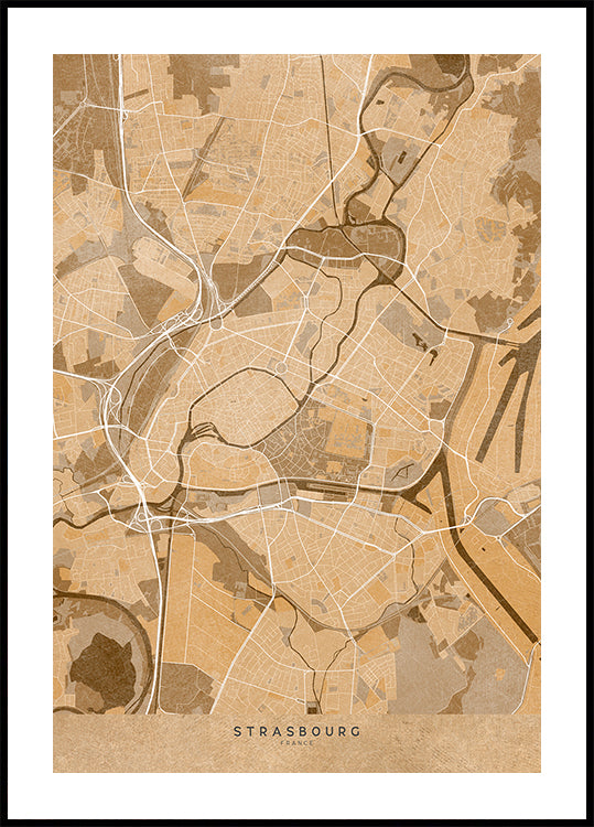 Sepia vintage map of Strasbourg France Poster