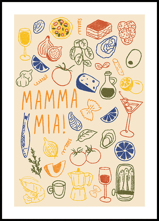 Mamma Mia!, Playful Italian Kitchen With Colorful Food Illustrations Poster