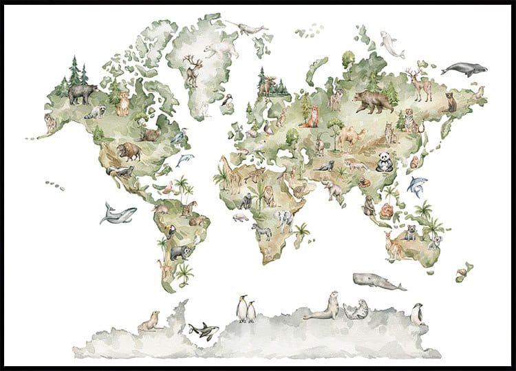 Animal World Map Poster - Posterbox.dk