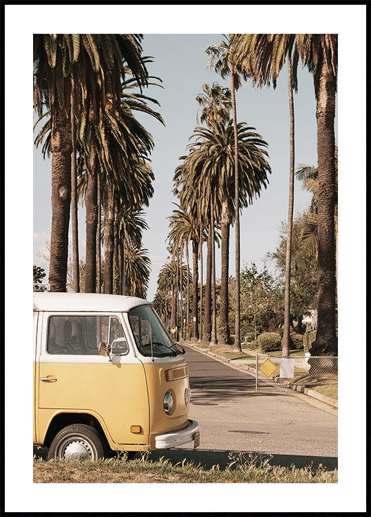 Vintage Yellow Van Among California Palm Trees Poster - Posterbox.dk