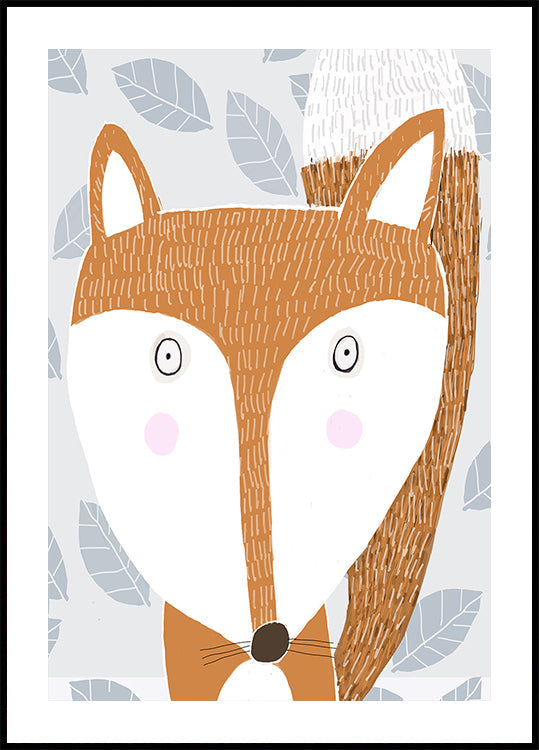 Cute Red Fox with Gray Leaf Pattern by Artist Carla Daly Poster
