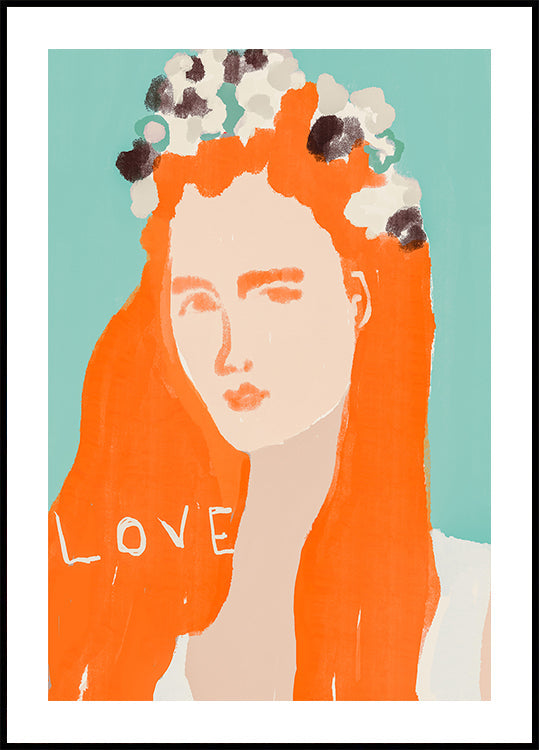 Woman with Orange Hair Adorned with Flowers Poster