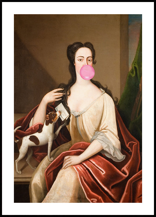 Renaissance Bubble Gum Portrait and Dog / Altered Art Poster