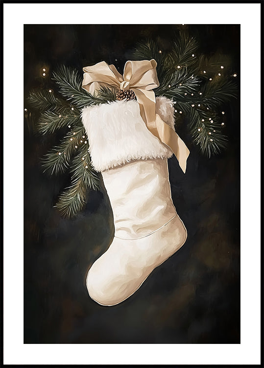 Christmas Stocking with Pine and Ribbon Poster