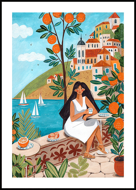 Travel poster woman in Mediterranean coast