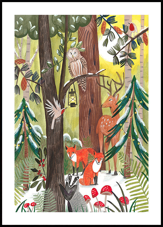 Green Christmas forest with animals Poster
