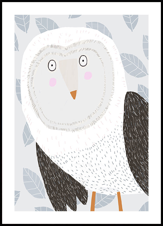 Funny Winter Owl with Gray Leaf Pattern by Artist Carla Daly Poster