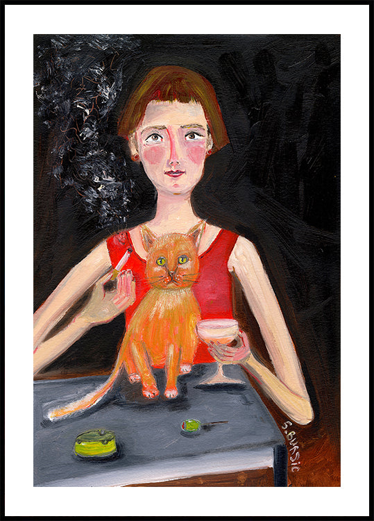 Vintage woman with cocktail and cat Poster