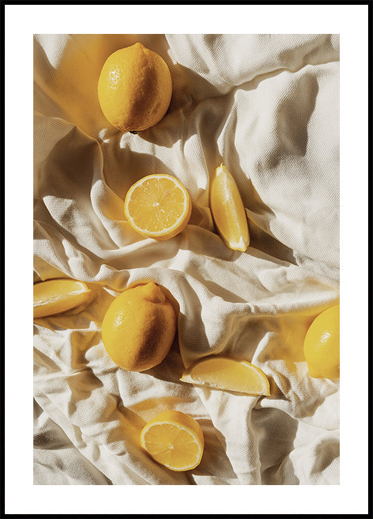 Vibrant Lemons on Textured Fabric Poster - Posterbox.dk