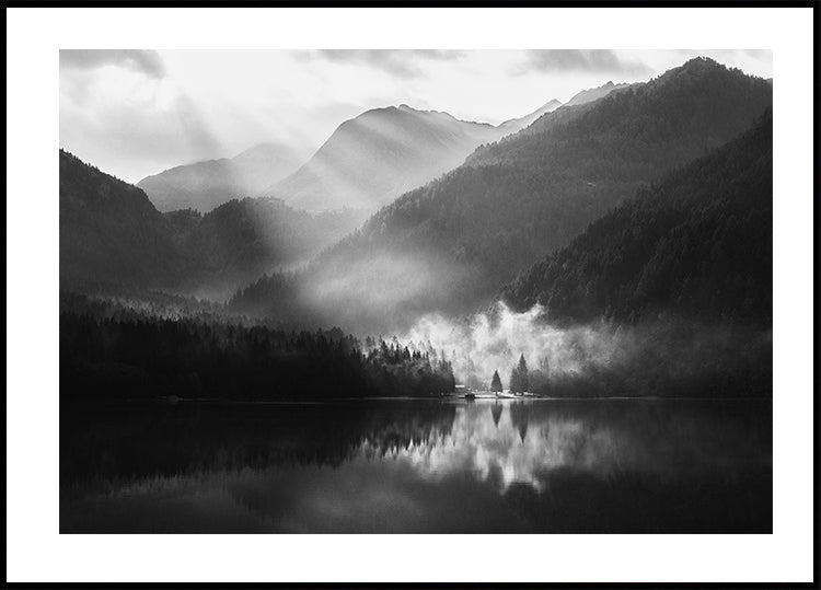 Foggy Shore of A Mountain Lake Poster - Posterbox.dk