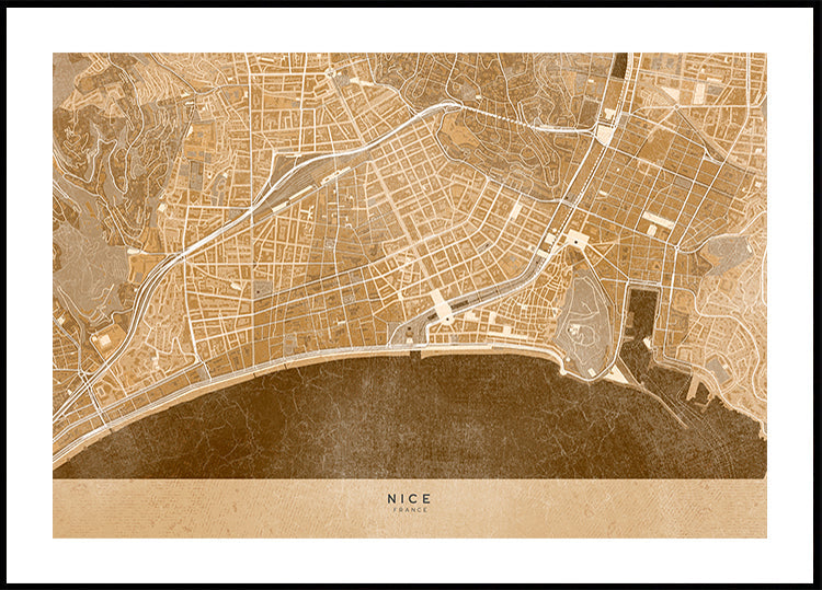 Sepia vintage map of Nice downtown France Poster