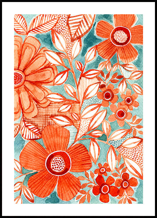 Red Daisies With Aqua Poster
