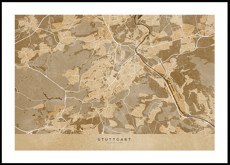 Sepia vintage map of Stuttgart downtown Germany Poster