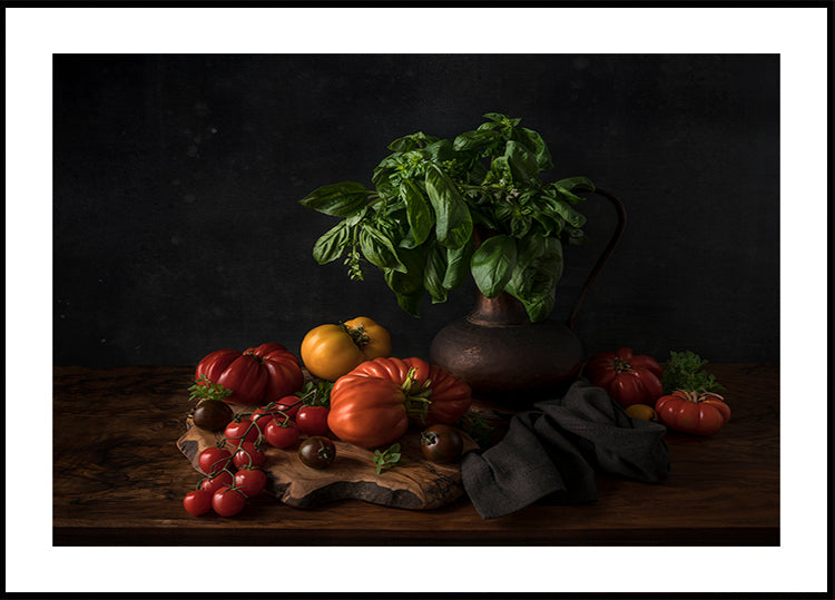 Still life with tomatoes and basil Poster