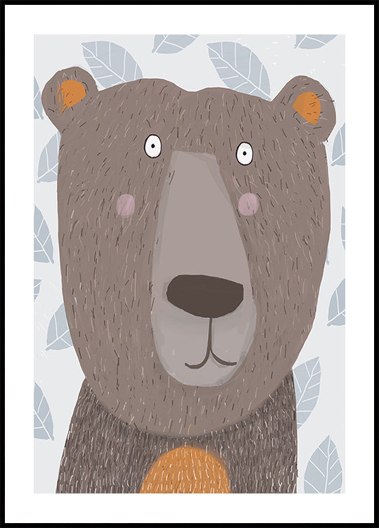 Cute Brown Bear with Gray Leaf Pattern by Artist Carla Poster