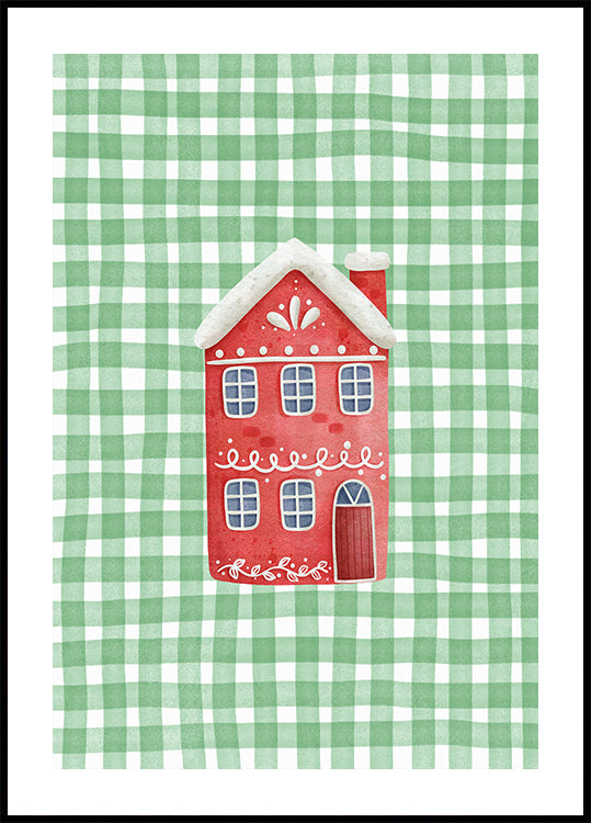 Cute Red Christmas House On Green Checks Poster