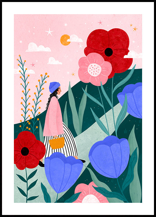 Woman Walking in Flower Garden Poster