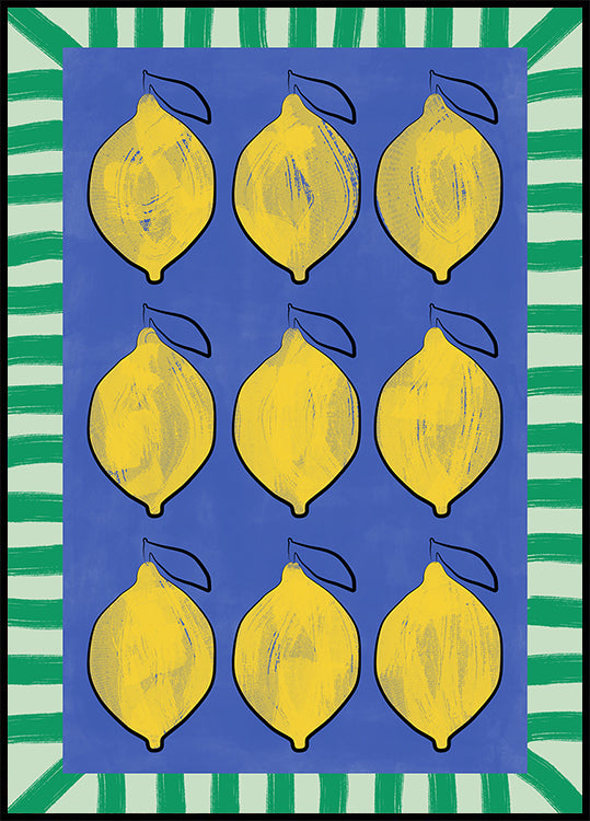 Vibrant Yellow Lemons on a Deep Blue Poster