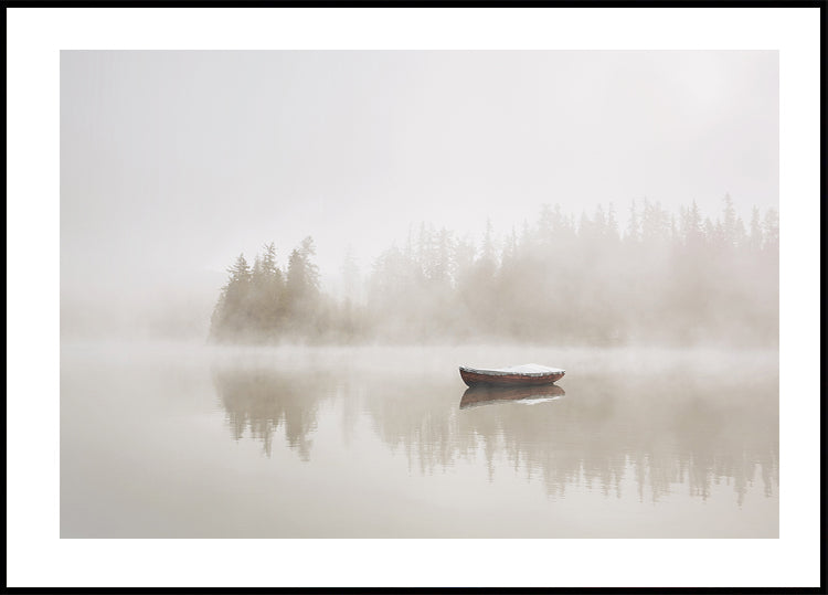 Solitary Boat on a Foggy Lake Poster - Posterbox.dk