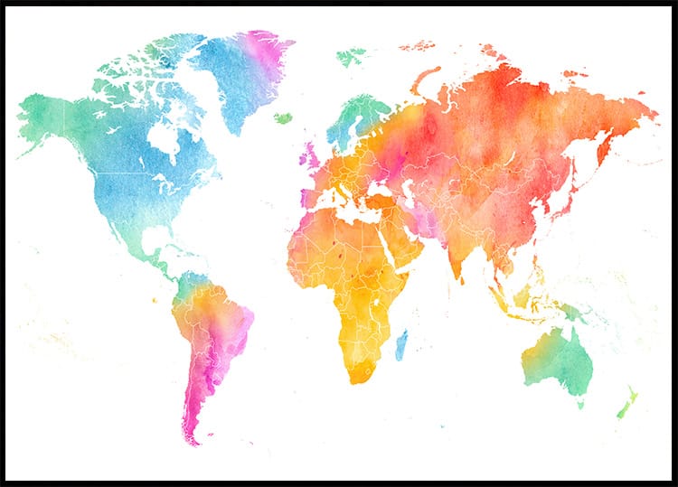 Multicolor Watercolor World Map Poster - Posterbox.dk
