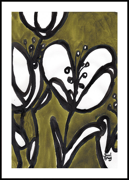 Floral With Tulips In Moss Green Poster