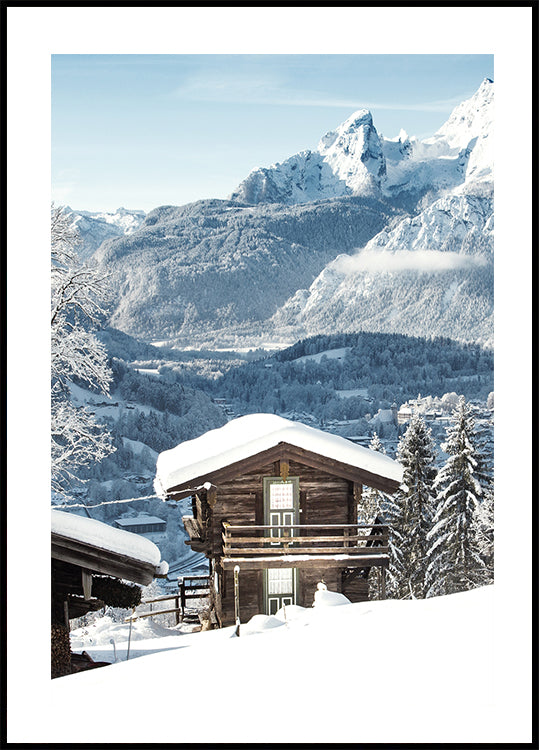 Quaint Snowy Cabin in Alpine Landscape Poster - Posterbox.dk