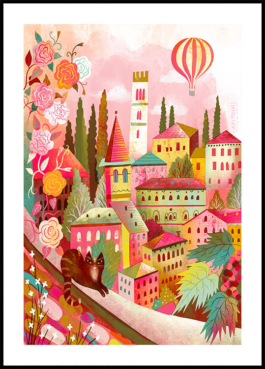 Italian Village With Cat On Wall Poster