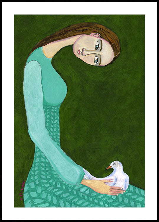 Lady sitting with white dove bird woman Poster