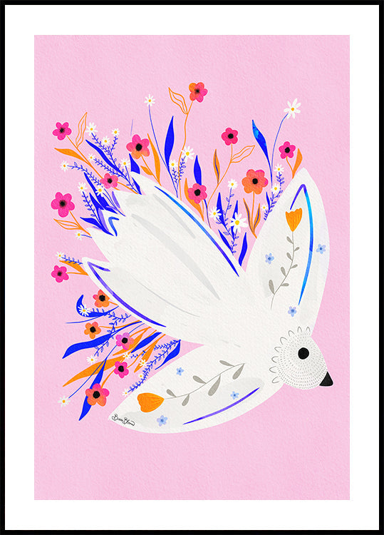 Bird in Flowers Pink illustration Poster