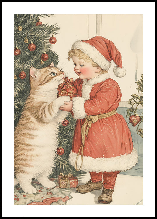 Christmas Kid and Cat Poster
