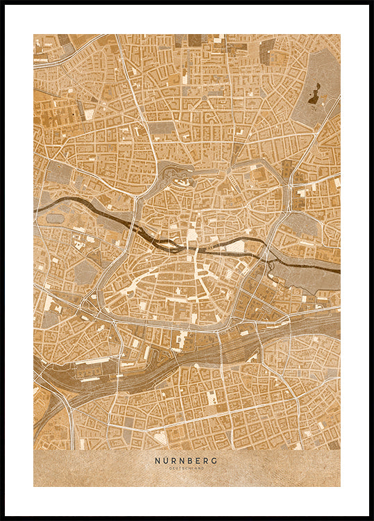 Sepia vintage map of Nuremberg downtown Germany Poster