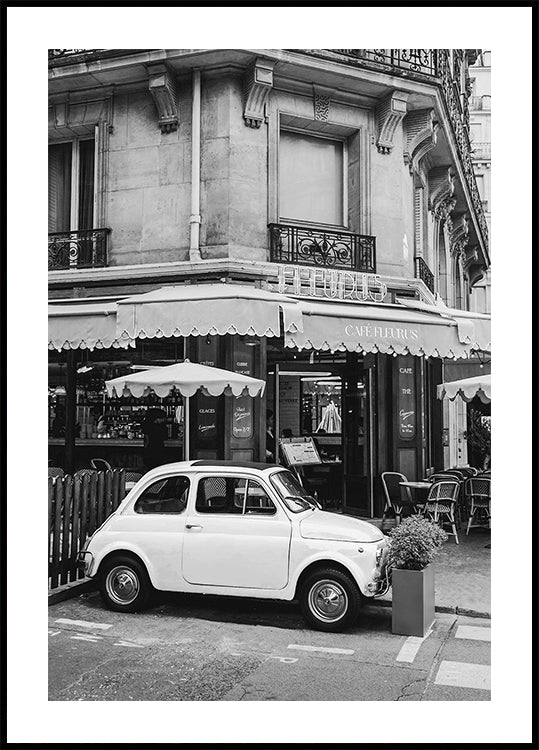 Parisian Café and Fiat 500 Poster