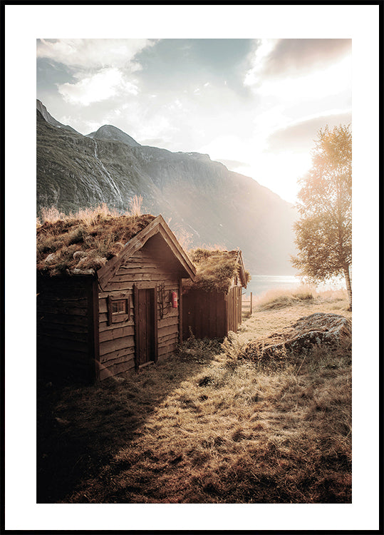 Rustic Houses at Sunset by Lovatnet Lake Poster - Posterbox.dk