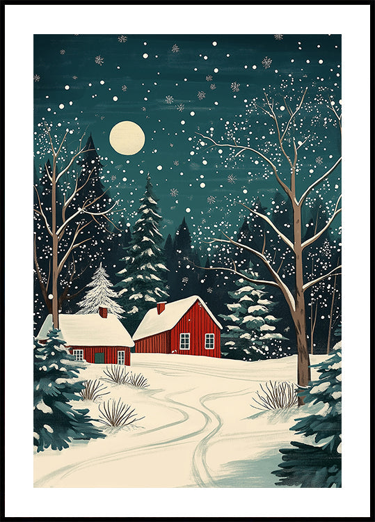 Red Houses and Snowy night sky Poster