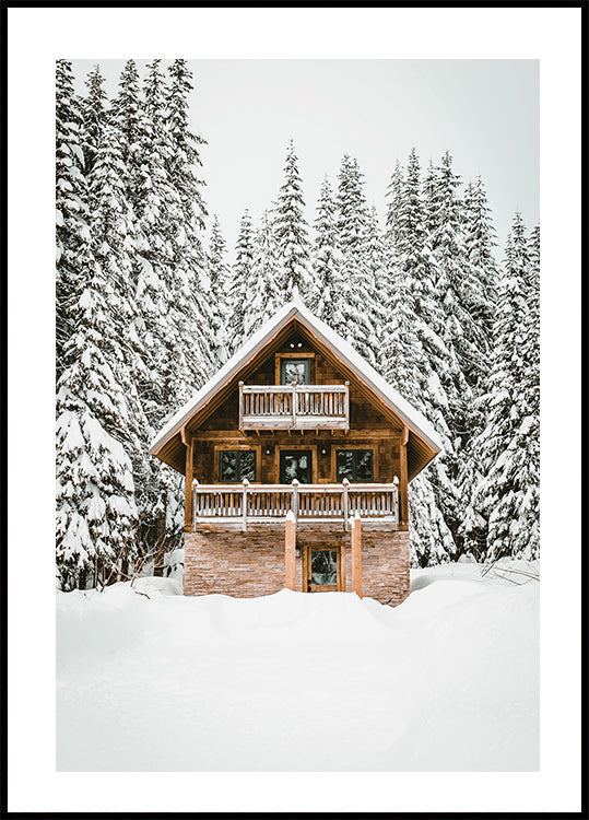 Cozy Wooden Cabin in Snowy Mountains Poster - Posterbox.dk