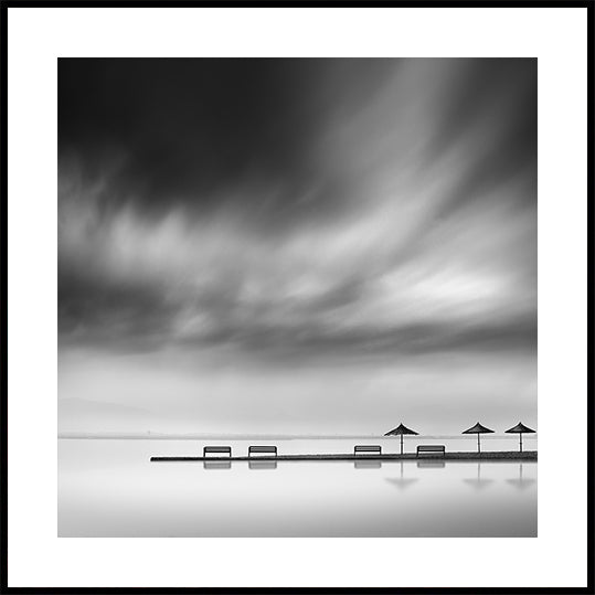 Four Benches and three umbrellas Poster