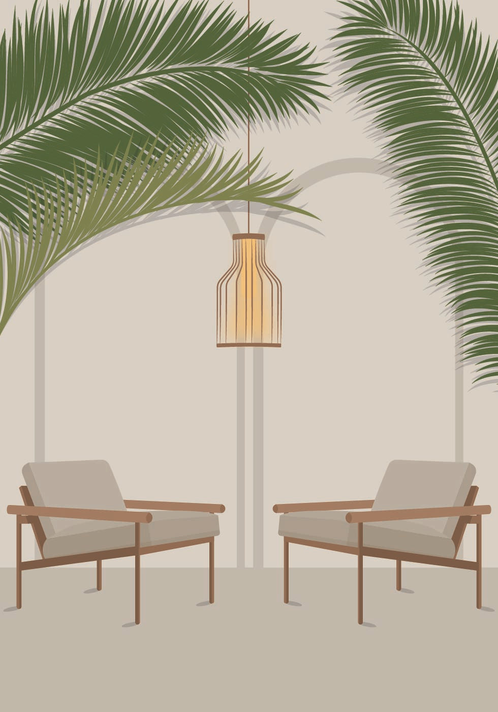 Free Your Mind 1, Modern Tropical Lounge with Palm Leaves and Chairs Poster