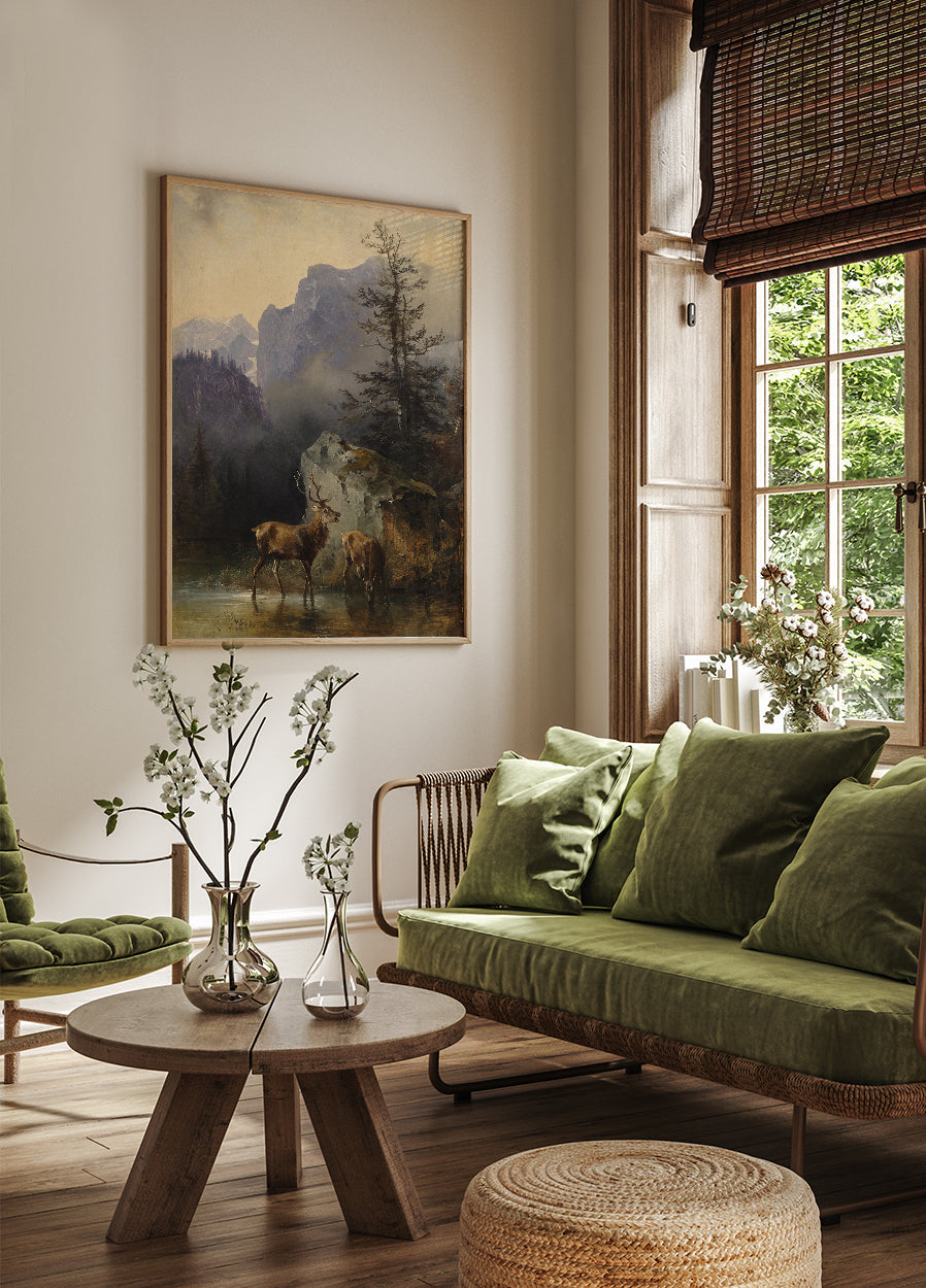 Hirsch And Tier An Der Tränke By Friedrich Gauermann Poster - Posterbox.dk