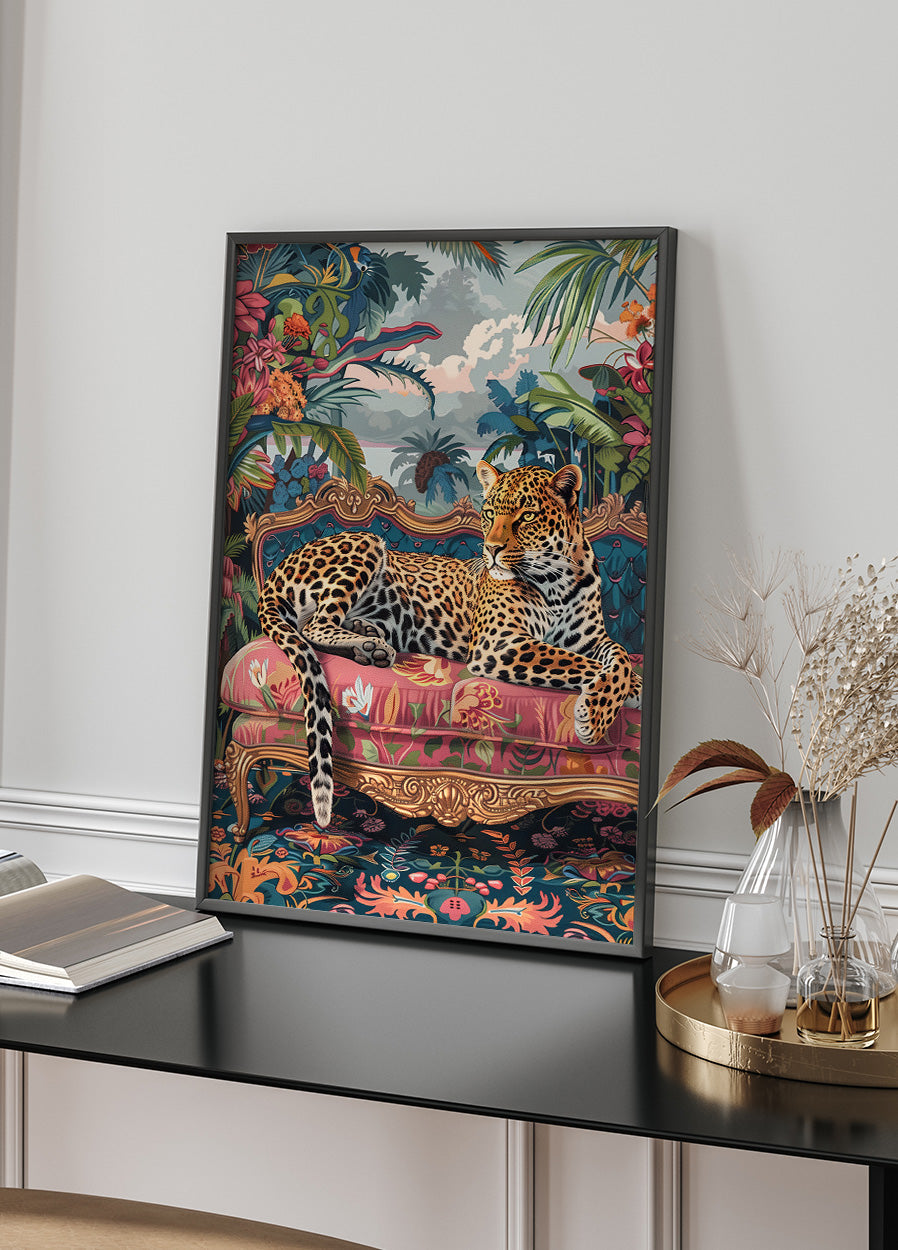 Leopard Lounging on a Luxury Sofa Poster - Posterbox.dk