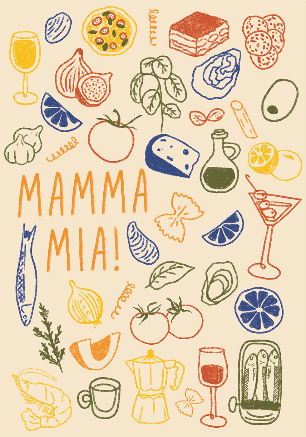 Mamma Mia!, Playful Italian Kitchen With Colorful Food Illustrations Poster