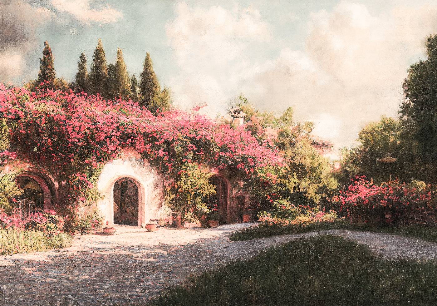 Old House with Flowers Vintage Painting Poster - Posterbox.no