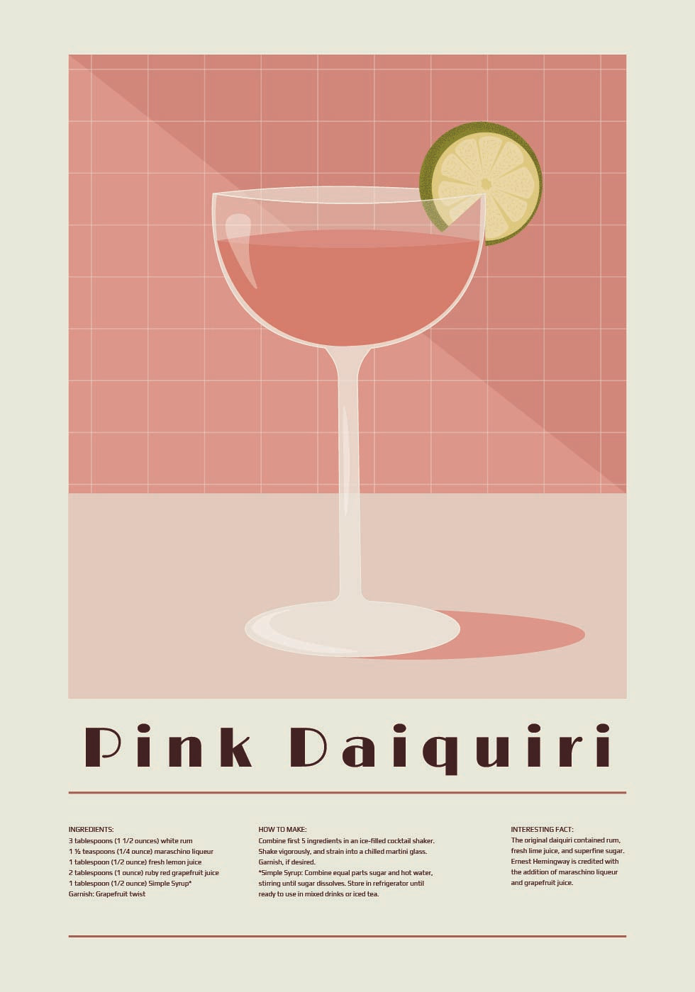 Pink Daiquiri Cocktail, Retro Recipe Poster