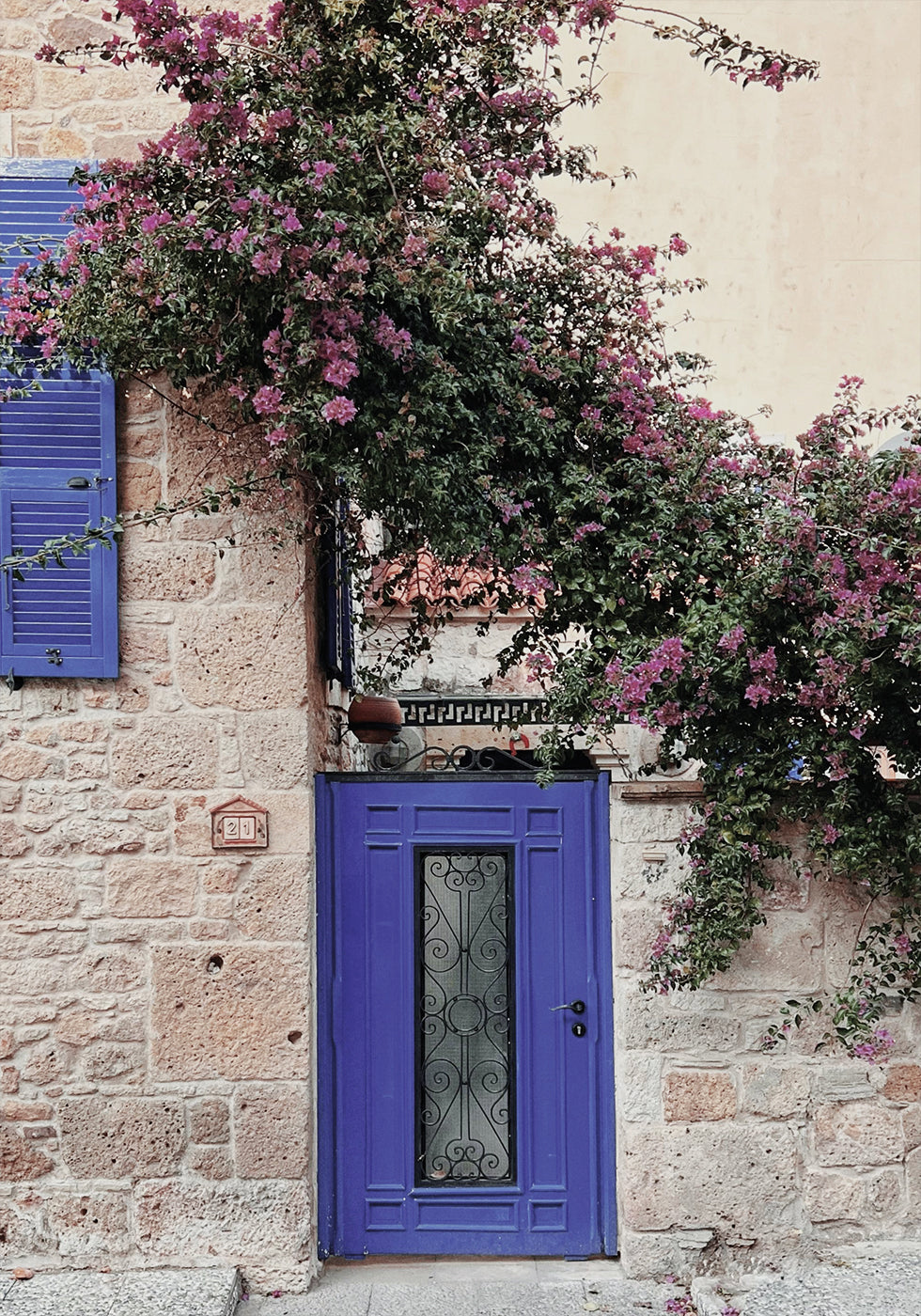 Vibrant Doorway with Bougainvillea Poster - Posterbox.dk