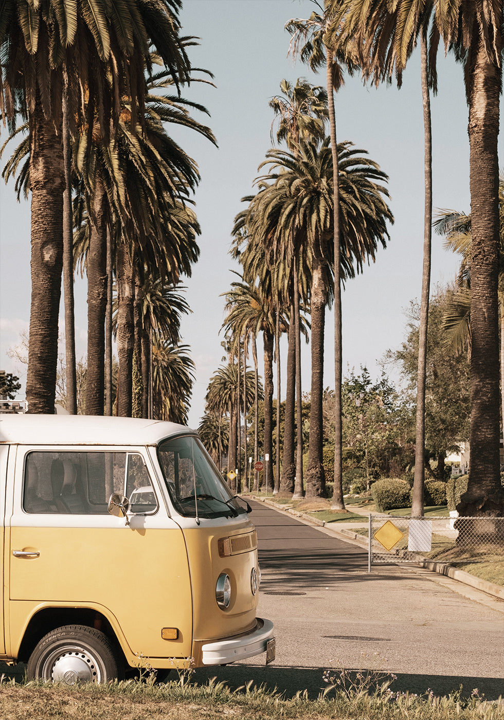 Vintage Yellow Van Among California Palm Trees Poster - Posterbox.dk