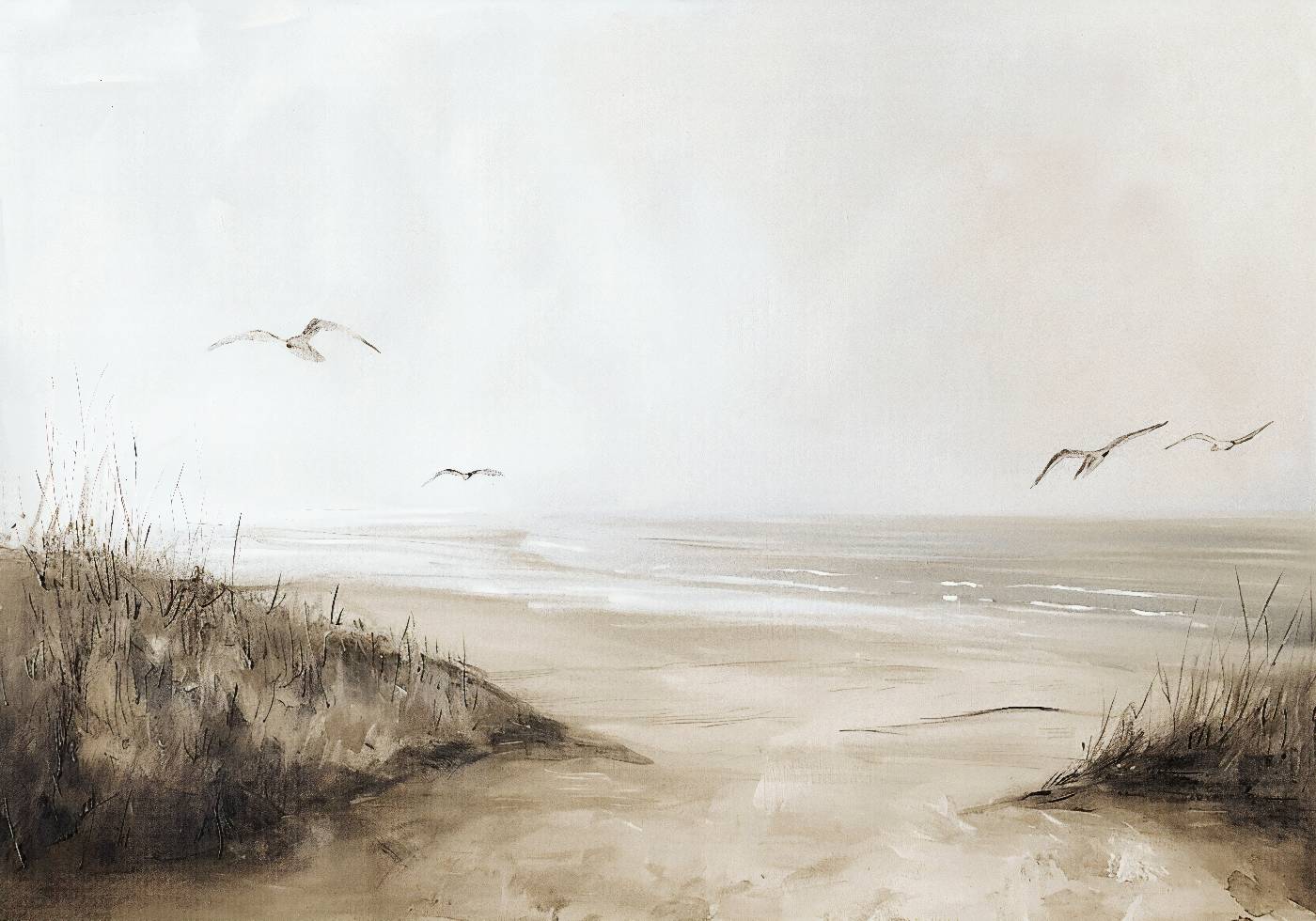 Vintage Neutral Beach Seagulls Painting Poster - Posterbox.dk
